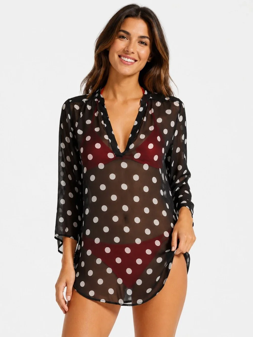 Women's Size XL Sheer Polka Dot Top Blouse Casual Black & White - Picture 1 of 10